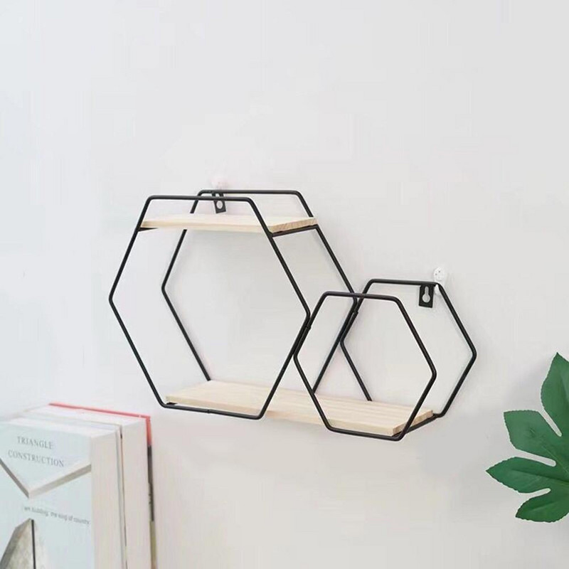 Šešiakampė lentyna kaltinė geležis Šešiakampė tinklelio sieninė lentyna, kombinuota siena, pakabinama svetainė, miegamasis, geometrinė figūra, sienų apdaila