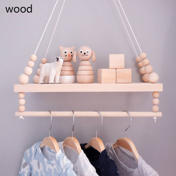 Скандинавски дървен рафт за стена със закачалка за дрехи Детска стая Поставка за съхранение на занаяти Въже за окачване на стена Детска спалня Декорация за всекидневна