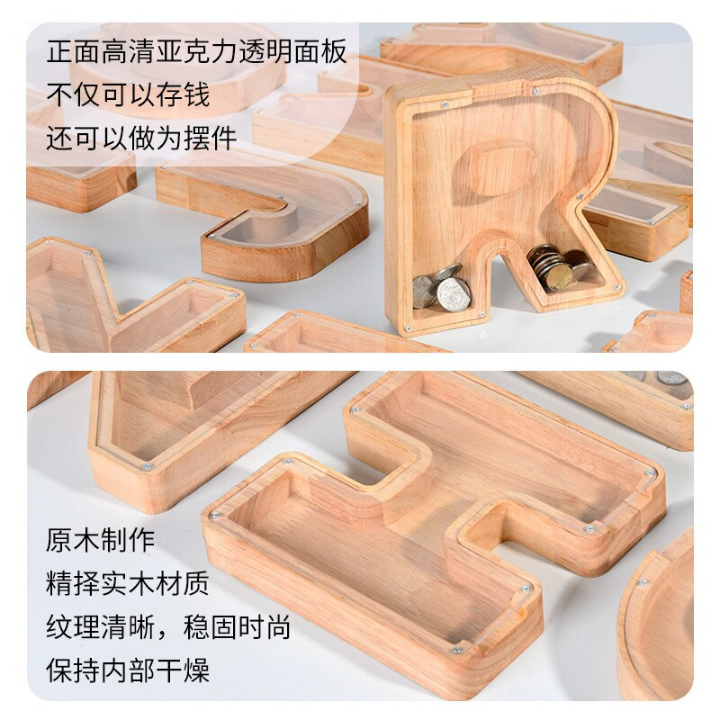 Drvena kasica za novac engleske abecede Prozirna akrilna kasica prasica za novac Banka za novčiće Kasica za novčiće Kutija za novac Kutija za štednju