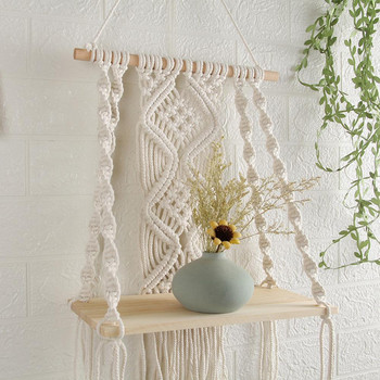 Модна плетена закачалка за растения Лек бохо стенен рафт Ръчно изработен декор за стена Селски дървени стенни плаващи рафтове за растения