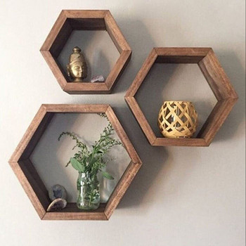 Дървен шестоъгълен рафт за стена - Декоративен дизайн с тройни стенни рафтове с форма на пчелна пита - Домашен декор Рустик дървен рафт