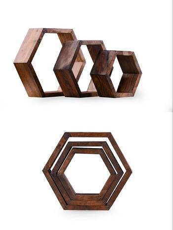 Дървен шестоъгълен рафт за стена - Декоративен дизайн с тройни стенни рафтове с форма на пчелна пита - Домашен декор Рустик дървен рафт