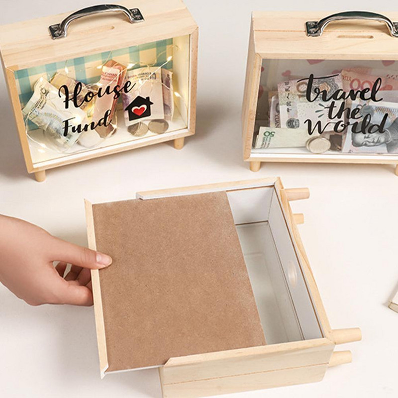 Noutate Pușculiță din Lemn Ștampila Transparentă pentru Monede Banca Anului Bani Nouă Colectare Monede Cadou Copii Salvare Decorare Deskto Y1W2