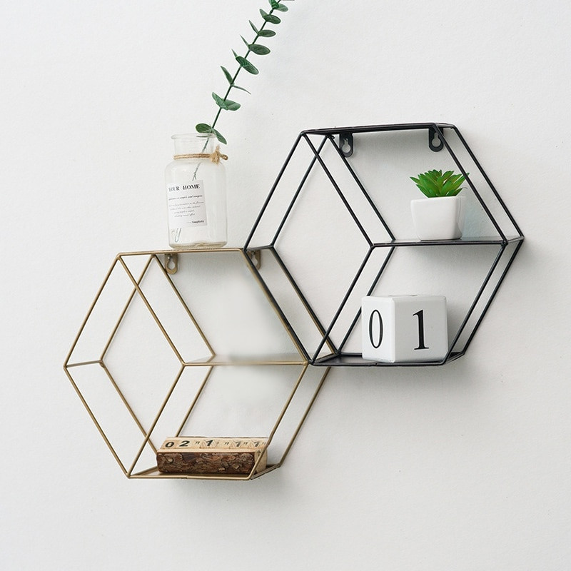Falra szerelhető lebegő polc geometriájú fémhuzal Hatszög tároló polcok Nappali dekoratív fali polc.