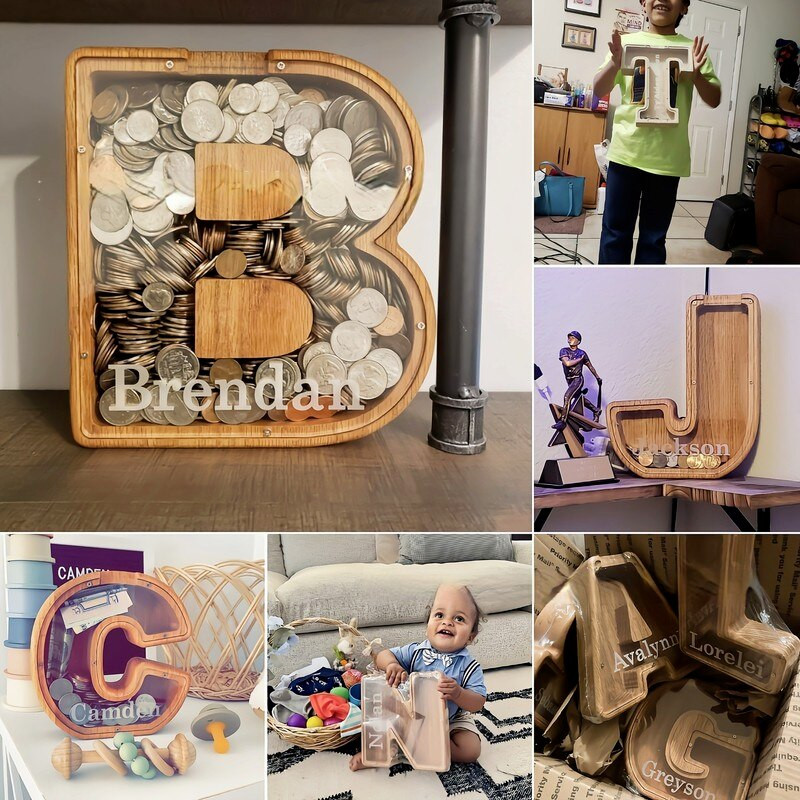 Piggy Bank Laiško formos pinigų dėžutė Medinė monetų taupymo dėžutė Monetų laikymo dėžutės Kūrybingos skaidrios darbastalio dekoro rankdarbių dovana