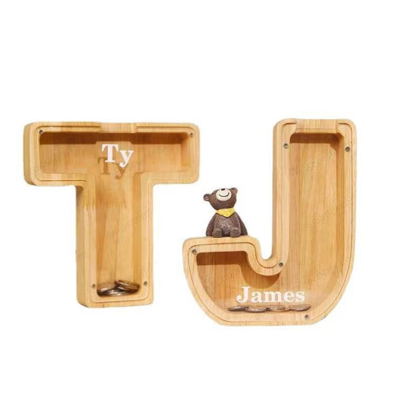 Piggy Bank Laiško formos pinigų dėžutė Medinė monetų taupymo dėžutė Monetų laikymo dėžutės Kūrybingos skaidrios darbastalio dekoro rankdarbių dovana