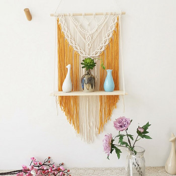 Рафт за окачване на стена с макраме, декоративни плаващи растения в стил бохо, люлка, висящ рафт, дървена закачалка за съхранение, декорация на стена в дома