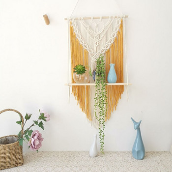 Рафт за окачване на стена с макраме, декоративни плаващи растения в стил бохо, люлка, висящ рафт, дървена закачалка за съхранение, декорация на стена в дома