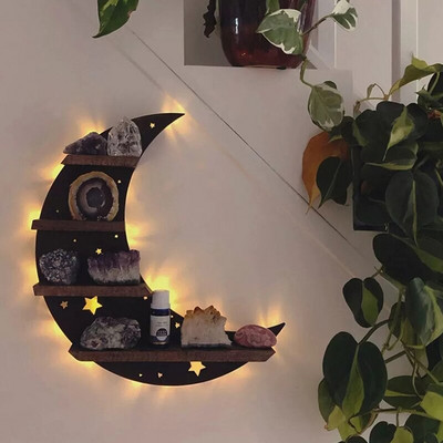 Medinė siena pakabinama saugykla Svetainės kaimiška vitrinų lentyna Luna Moth lempa Krištolinė lentyna vitrinų lentyna Namų organizatoriaus lentyna