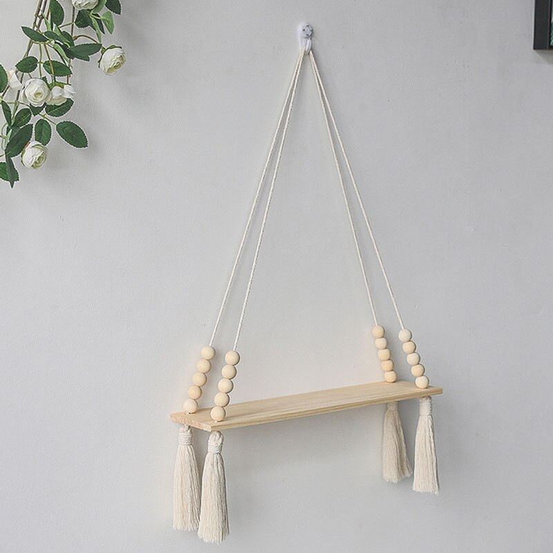 1db polctábla skandináv stílusú falipolc bojtos falra akasztóval, fa dekorációval fotókellék polcok a falon Hálószoba dekoráció