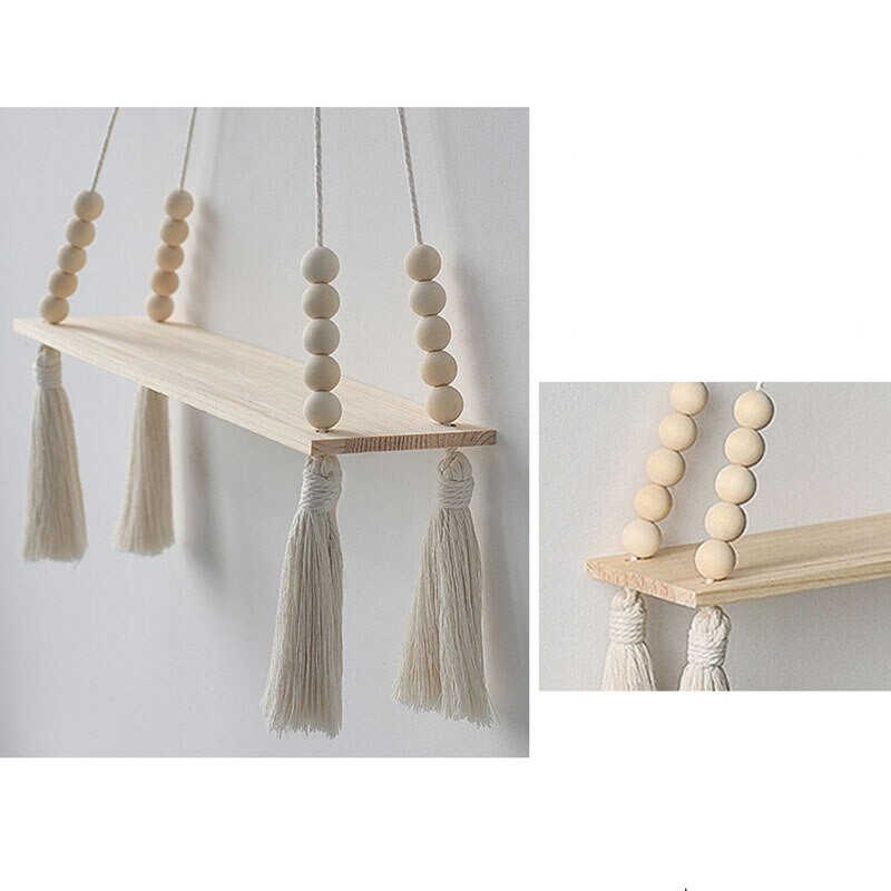 1db polctábla skandináv stílusú falipolc bojtos falra akasztóval, fa dekorációval fotókellék polcok a falon Hálószoba dekoráció