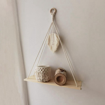 Макраме Висящ рафт за стена Ръчно изработени тъкани пискюли Поставка за гоблени Дървена плаваща закачалка за съхранение за домашен декор на стена
