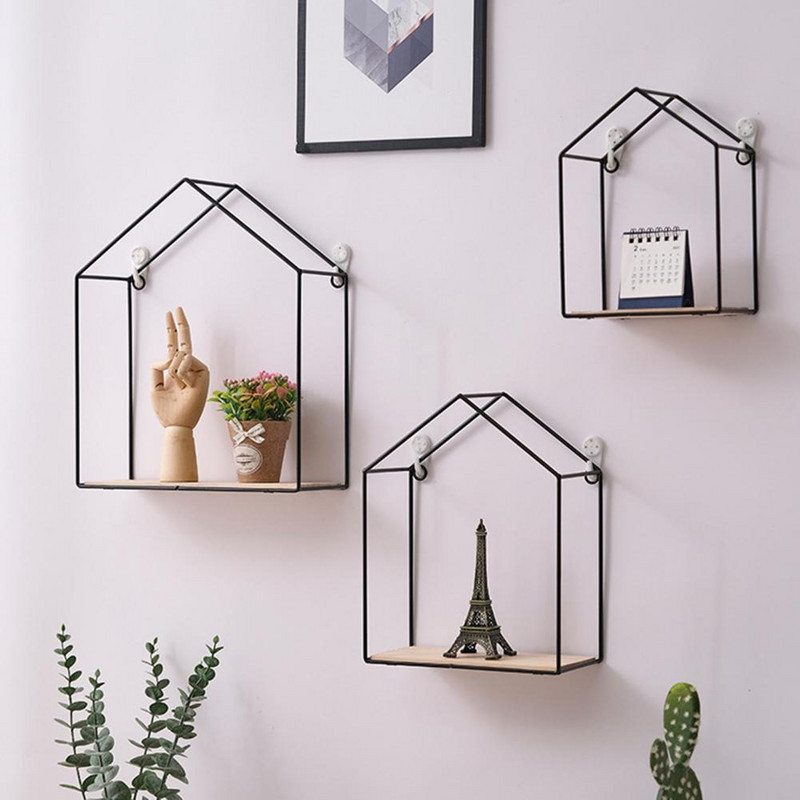 Raft de depozitare de perete din metal nordic, negru/auriu, montat pe perete, cu efect vizual, organizator de vază, raft decorativ suspendat pentru casă