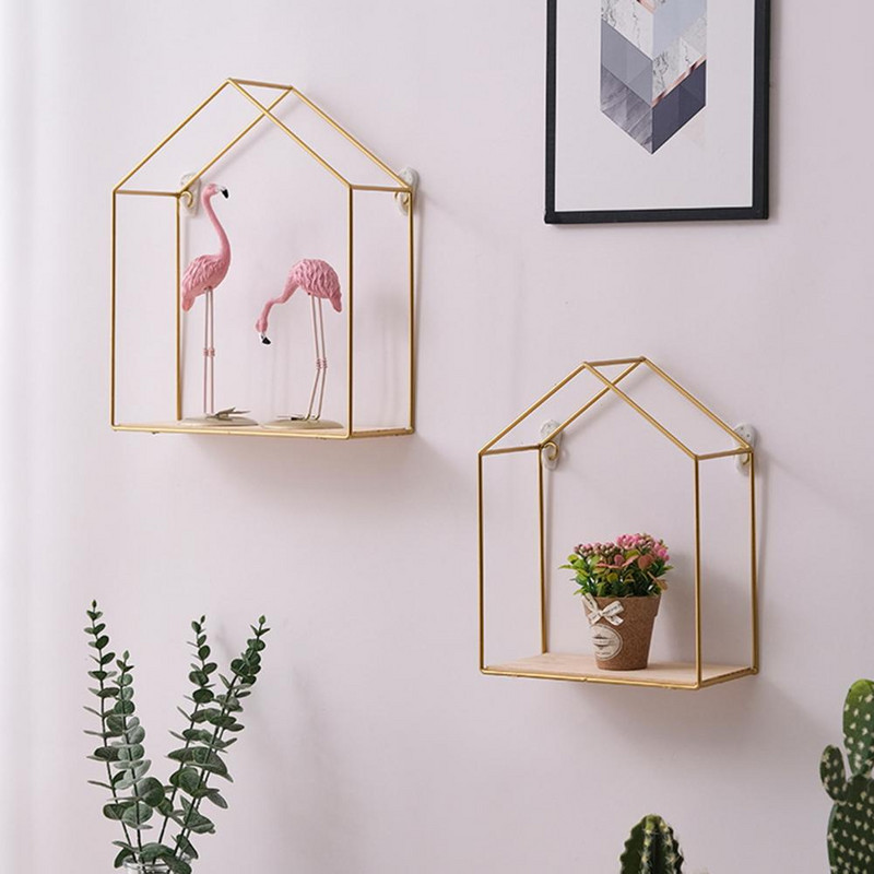 Raft de depozitare de perete din metal nordic, negru/auriu, montat pe perete, cu efect vizual, organizator de vază, raft decorativ suspendat pentru casă