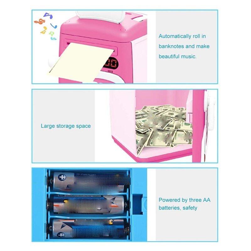Piggy Bank játék gyerekeknek, Ujjlenyomat/elektronikus jelszó-széf szimulációja ATM Bank, Automatikus papírpénztekercs érmebank