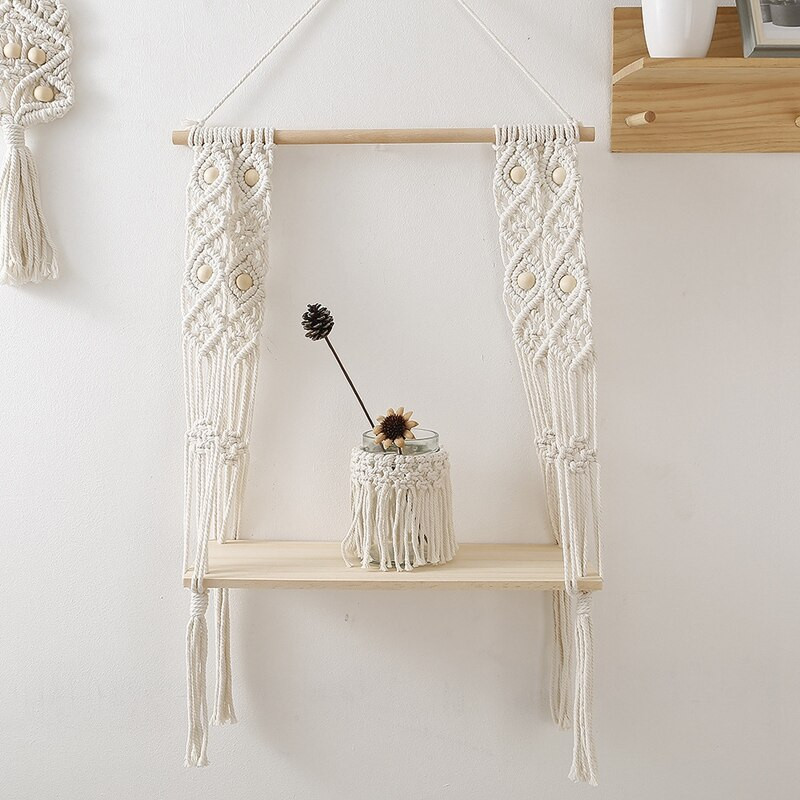 Raft agățat macrame, rustic Boho, 1 etaj, rafturi din lemn, perfect pentru living, dormitor, bucătărie