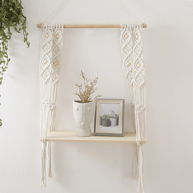 Raft agățat macrame, rustic Boho, 1 etaj, rafturi din lemn, perfect pentru living, dormitor, bucătărie