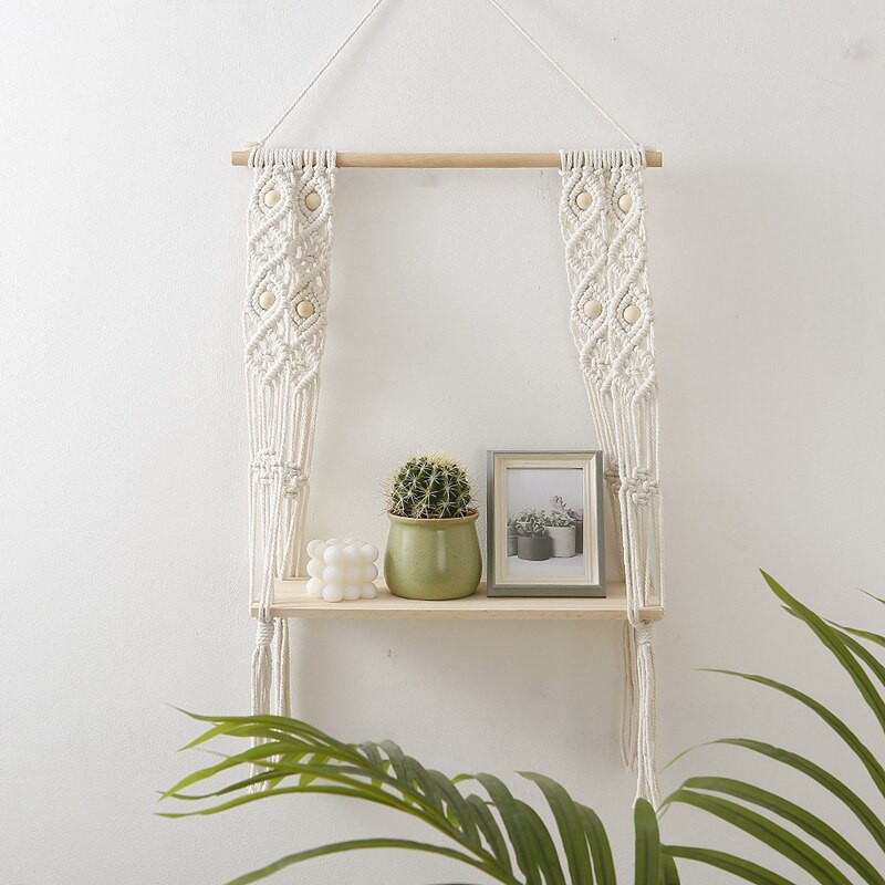 Raft agățat macrame, rustic Boho, 1 etaj, rafturi din lemn, perfect pentru living, dormitor, bucătărie