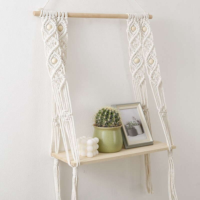 Raft agățat macrame, rustic Boho, 1 etaj, rafturi din lemn, perfect pentru living, dormitor, bucătărie