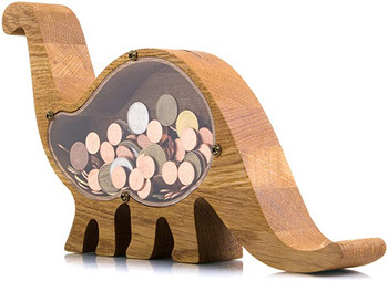 Κουμπαράς Δεινόσαυρος Φυσικό ξύλο δρυός Κουτί εξοικονόμησης χρημάτων Διαφανές οργανικό γυαλί χριστουγεννιάτικο δώρο γενεθλίων Διακόσμηση σπιτιού