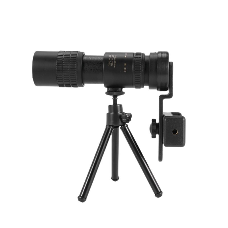 Monokuláris teleszkóp 4K 10-300X30mm szuper telefotó zoom, visszahúzható okulár okostelefon tartóval és állvány BAK4 prizma