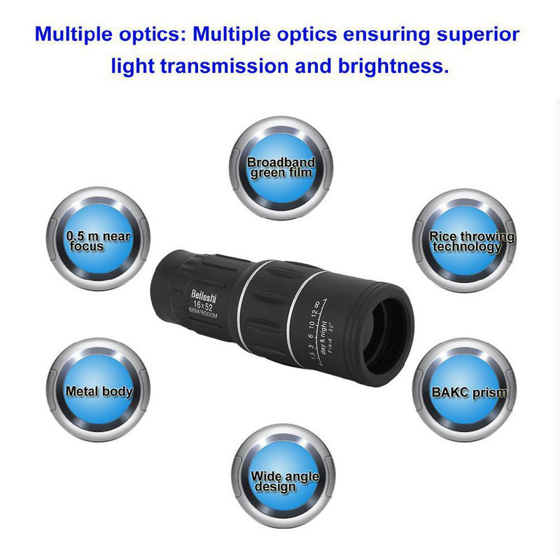 Nagy teljesítményű HD monokuláris teleszkóp 16x52 távcső Tourism Spyglass LLL Night Vision kempingezéshez, gyermekajándék