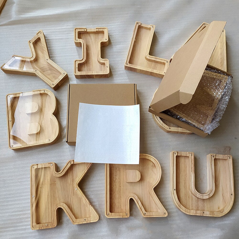 Medinė individualizuota Piggy Bank abėcėlė berniukams Vaikai Pinigų stiklainis Monetos Mergaitėms Suaugusiems Taupymo dėžutė Alcancias laiškas MEILĖS papuošimas