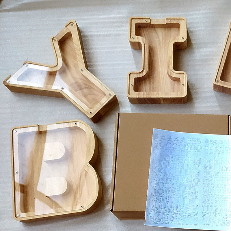 Medinė individualizuota Piggy Bank abėcėlė berniukams Vaikai Pinigų stiklainis Monetos Mergaitėms Suaugusiems Taupymo dėžutė Alcancias laiškas MEILĖS papuošimas