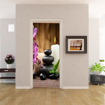 Τρισδιάστατο αυτοκόλλητο πόρτας Πράσινη ταπετσαρία από μπαμπού Phalaenopsis για διακόσμηση μπάνιου λουτρών Αφίσα τοίχου με φλούδα και ραβδί βινυλίου
