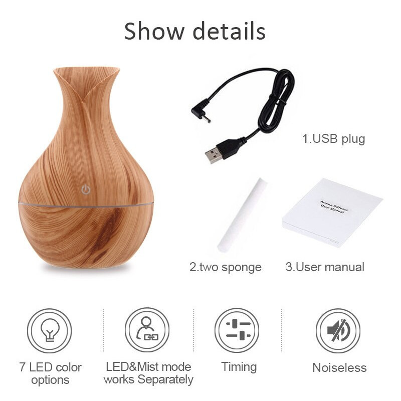 Váza Fa szemcsés légpárásító aromadiffúzor USB Cool Mist permetező illattisztító hálószoba otthoni autós szobafrissítő 130ml