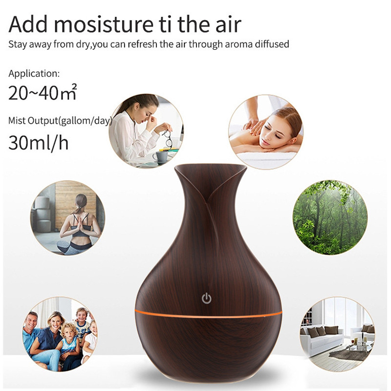 Váza Fa szemcsés légpárásító aromadiffúzor USB Cool Mist permetező illattisztító hálószoba otthoni autós szobafrissítő 130ml