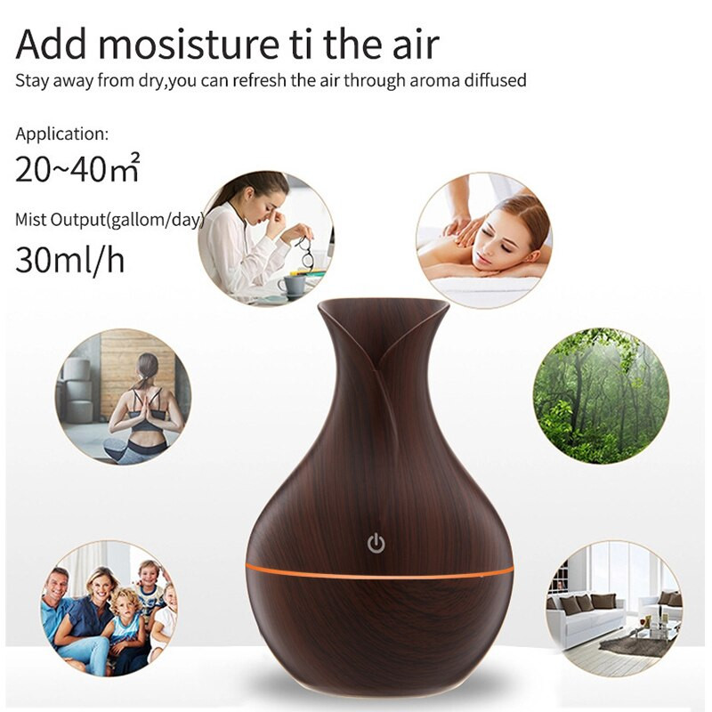 Váza Wood Grain Ultrahangos párásító légpárásító USB Aroma Illóolaj Diffúzor Otthoni Autóillattisztító LED Fénnyel