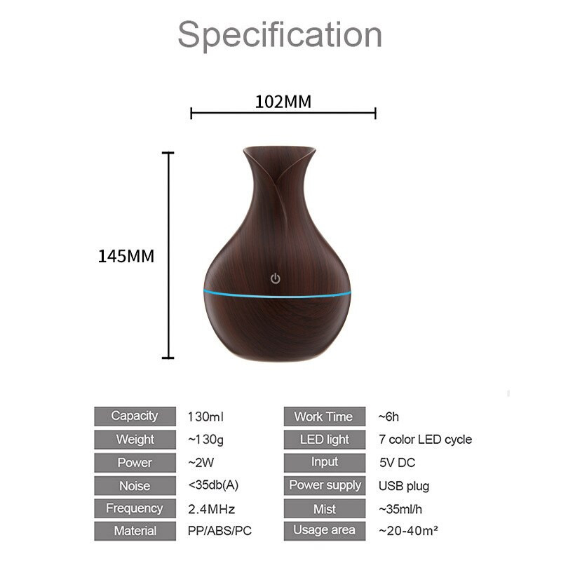 Váza Wood Grain Ultrahangos párásító légpárásító USB Aroma Illóolaj Diffúzor Otthoni Autóillattisztító LED Fénnyel