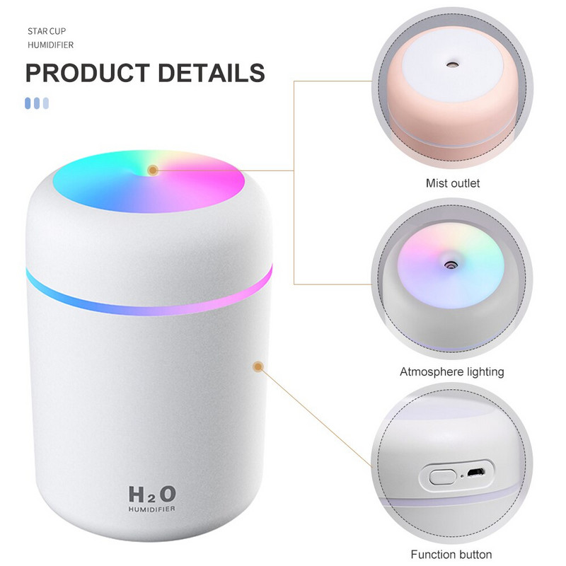 Hordozható 300 ml-es párásító USB ultrahangos Dazzle Cup aromadiffúzor Cool Mist Maker légpárásító tisztító romantikus fénnyel