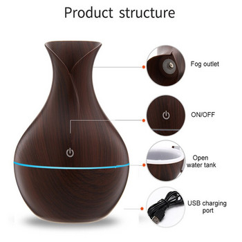 Vase Humidifier Wood Grain Aroma Diffuser Essential Oils 130ML Αποσμητικό σπιτιού για Αρωματοθεραπεία οικιακού αυτοκινήτου με πολύχρωμη λάμπα