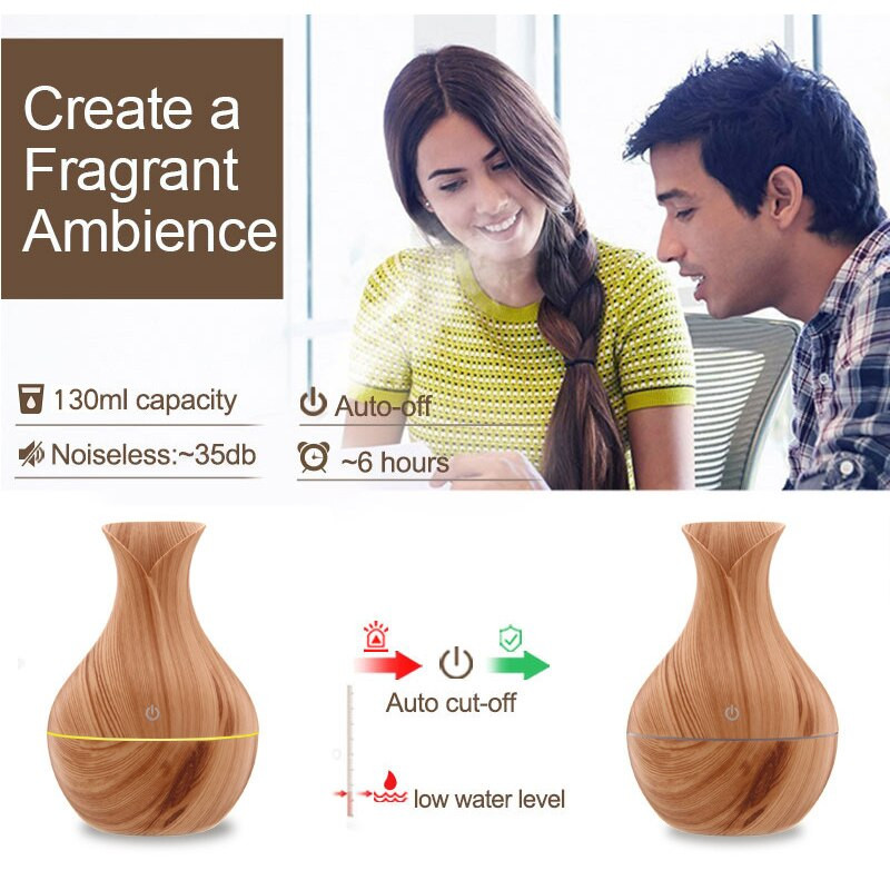 Váza párásító faszemcsés aromadiffúzor illóolajok 130 ml otthoni légfrissítő otthoni autós aromaterápiához színes lámpával