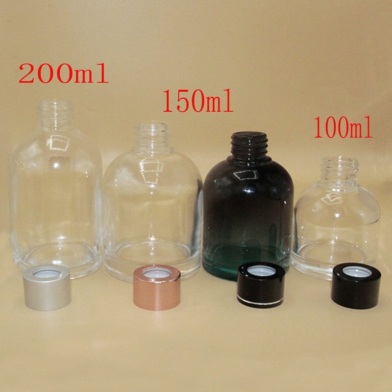 100 ml és 150 ml illatos üveg diffúzor palack és aromaterápiás üvegpalack aluminit körrel és műanyag fedelekkel