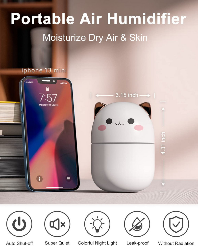 Mini légpárásító aranyos aroma diffúzor éjszakai fény hideg köddel hálószoba otthoni autós növények tisztító párásító szoba frissítő