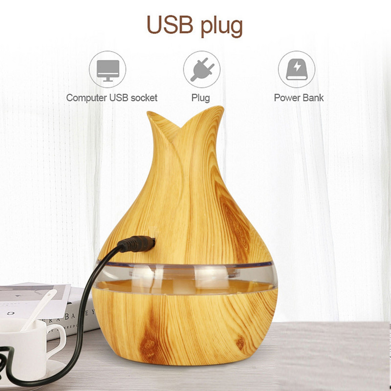300ml Electric Air Humidifier Essential Aroma Oil Ultrasonic Wood Grain Humidifier Diffuser Usb Mini Mist Maker Led Light 2022