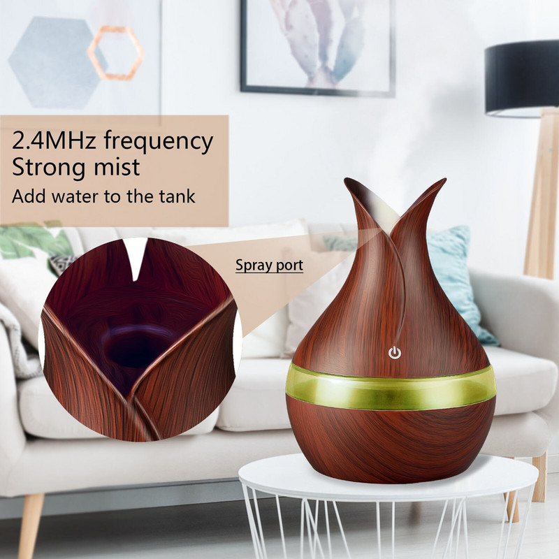 300ml Electric Air Humidifier Essential Aroma Oil Ultrasonic Wood Grain Humidifier Diffuser Usb Mini Mist Maker Led Light 2022