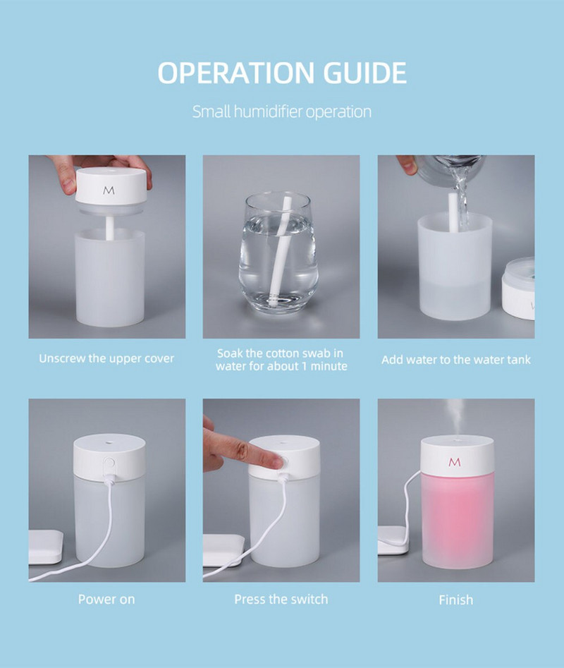 260ML USB Ultrasonic Air Humidifier LED Lamp Mini Essential Oil Diffuser Car Purifier Aroma Anion Mist Maker with Romantic Light