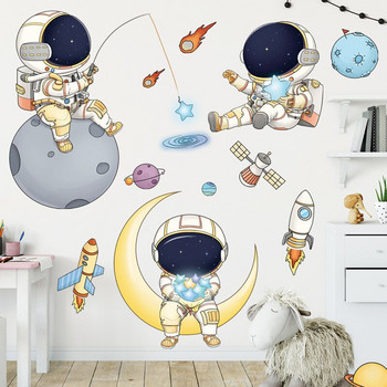 Αυτοκόλλητα τοίχου Space Astronaut Παιδικό δωμάτιο Νηπιαγωγείο Universe Starry Cartoon Χαριτωμένο φόντο Αυτοκόλλητη ταπετσαρία τοίχου