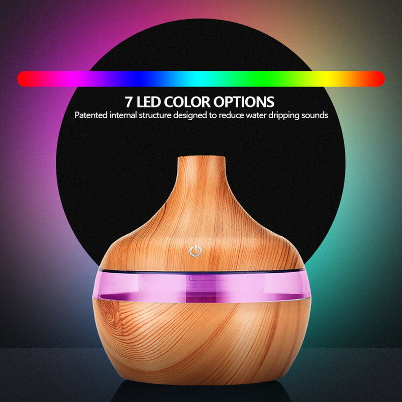 300ML USB Air Humidifier Electric Aroma Diffuser Mist Wood Grain Oil Aromatherapy Mini Have 7 LED Light For Car Home Office