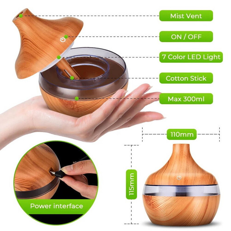 300ML USB Air Humidifier Electric Aroma Diffuser Mist Wood Grain Oil Aromatherapy Mini Have 7 LED Light For Car Home Office