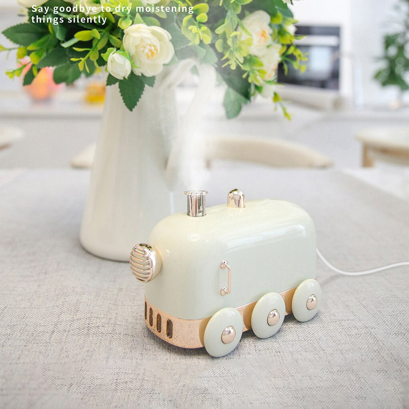 300ml Ultrahangos párásító Retro Mini Train USB Aroma Légdiffúzor Illóolaj Köd Készítő Fogger Színes LED Fénnyel