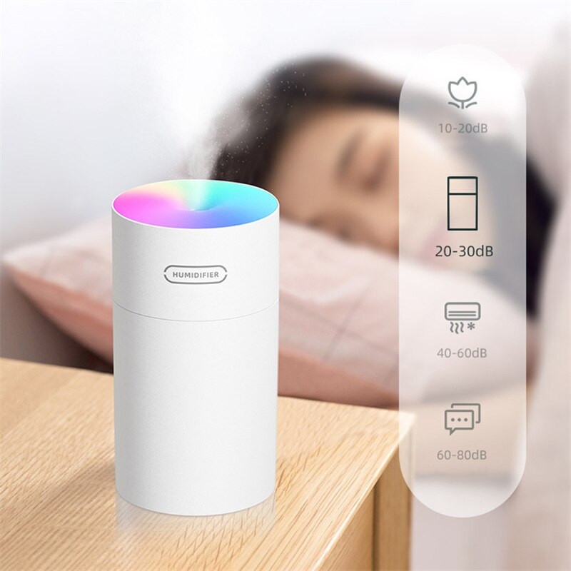 270 ml-es hordozható elektromos párásító USB ultrahangos aroma olajdiffúzor Cool Mist permetező színes fénnyel otthoni autóhoz