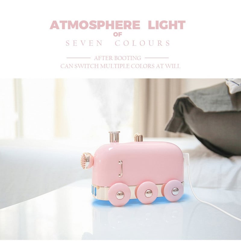 300ml Ultrahangos párásító Retro Mini Train USB Aroma Légdiffúzor Illóolaj Köd Készítő Fogger Színes LED Fénnyel