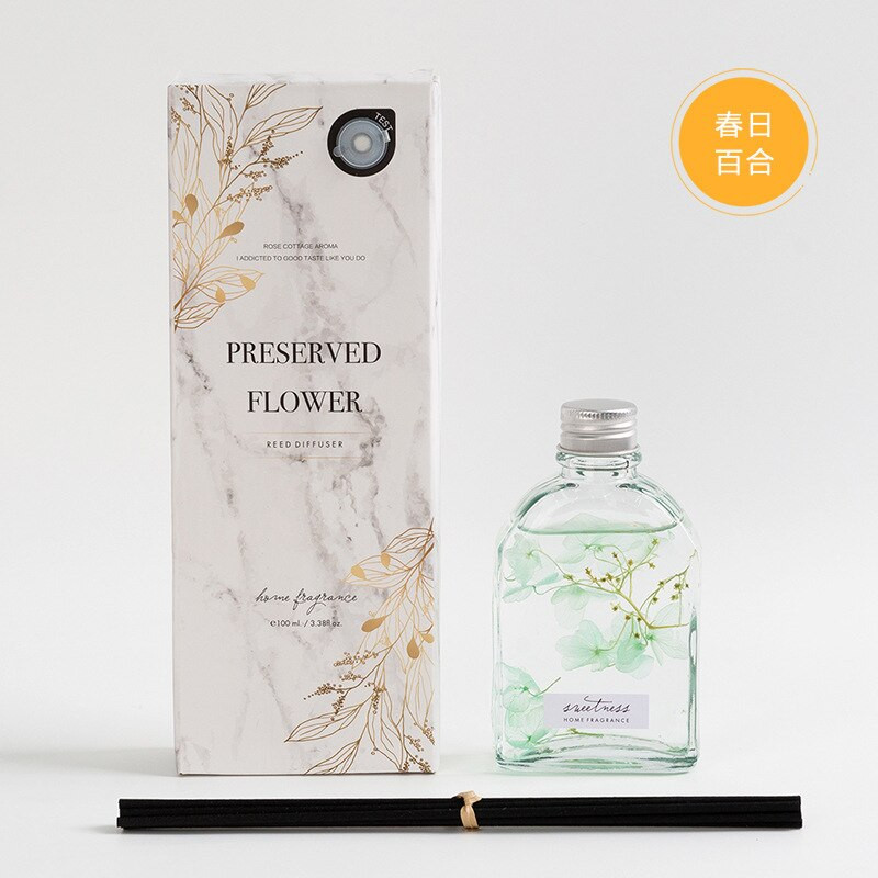 100 ml-es Reed diffúzor készletek természetes pálcikákkal, szárított virágokkal, üvegpalackkal és illatos olajos parfümkészlettel otthoni dekorációhoz