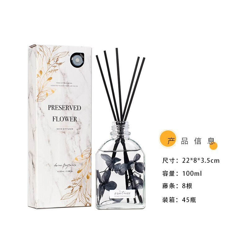 100 ml-es Reed diffúzor készletek természetes pálcikákkal, szárított virágokkal, üvegpalackkal és illatos olajos parfümkészlettel otthoni dekorációhoz
