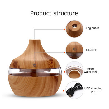 300ml Wood Grain Essential Oil Aromatherapy Diffuser Usb Charging Home Air Humidifier Purify Soothing Led Night Light Mist Maker